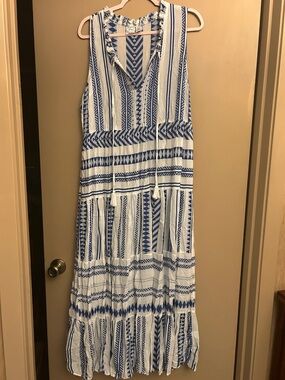 Blue & White Sleeveless Printed Maxi Dress with Tassel Tie